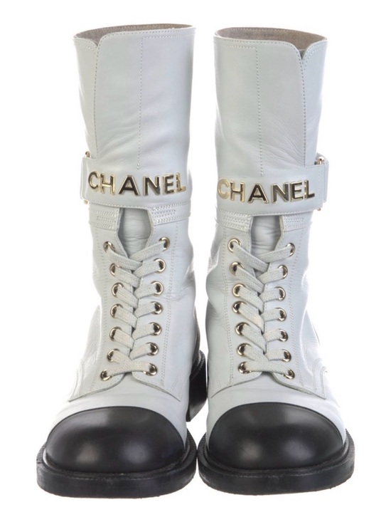 CHANEL Shoes - CHANEL Grey black Leather Lace-Up Boots with Black Cap Toe and Gold Logo Strap